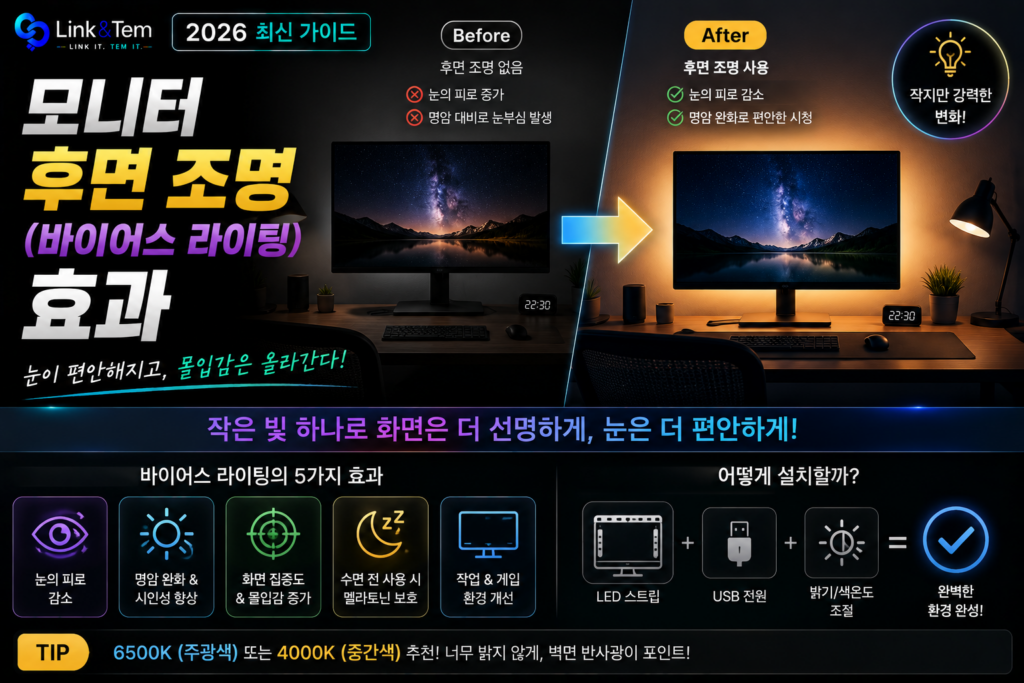 모니터 후면 조명 효과 3가지｜바이어스 라이팅 밝기·색온도 설정법 총정리