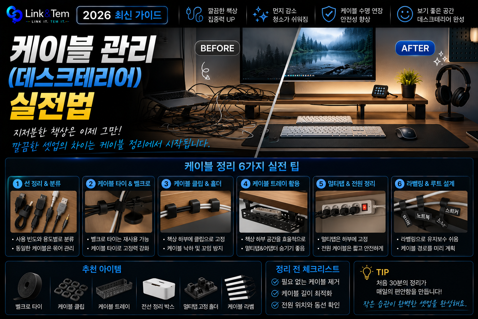 책상 케이블 관리 3단계｜멀티탭부터 모니터암까지 엉킨 선 정리 실전 가이드