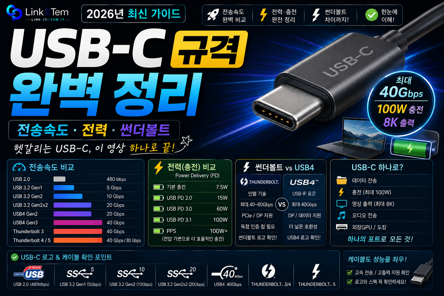 USB-C 규격 완벽 정리｜전송속도·전력·썬더볼트 5까지 한 번에 끝내는 5분 총정리