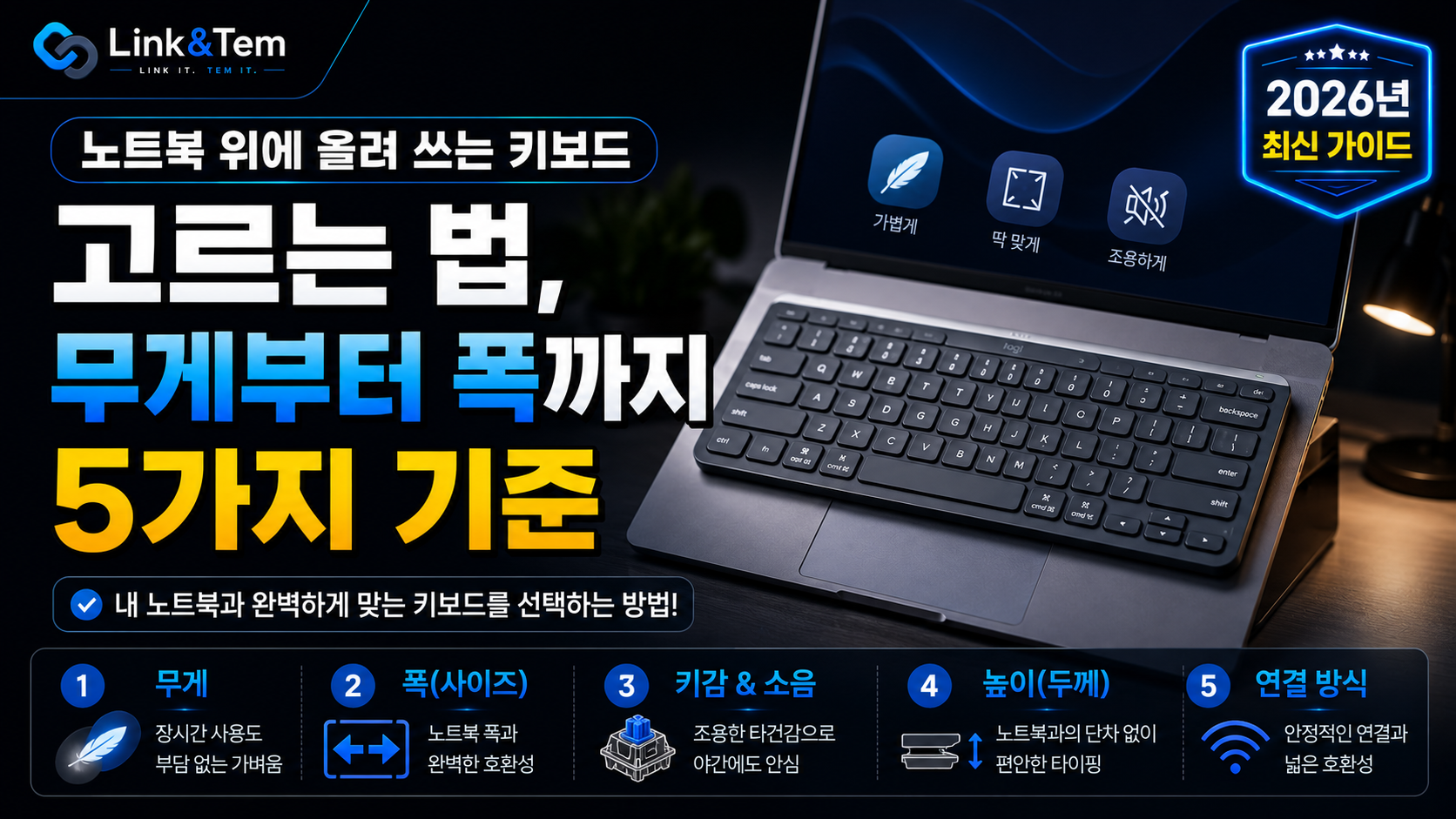노트북 위에 올려 쓰는 키보드를 데스크에 거치한 모습