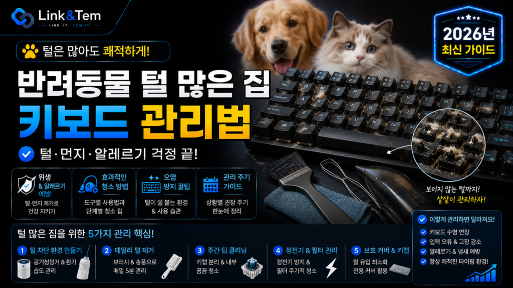 반려동물 키보드 관리를 위해 키캡을 분리하고 스위치 틈의 털과 먼지를 청소하는 모습