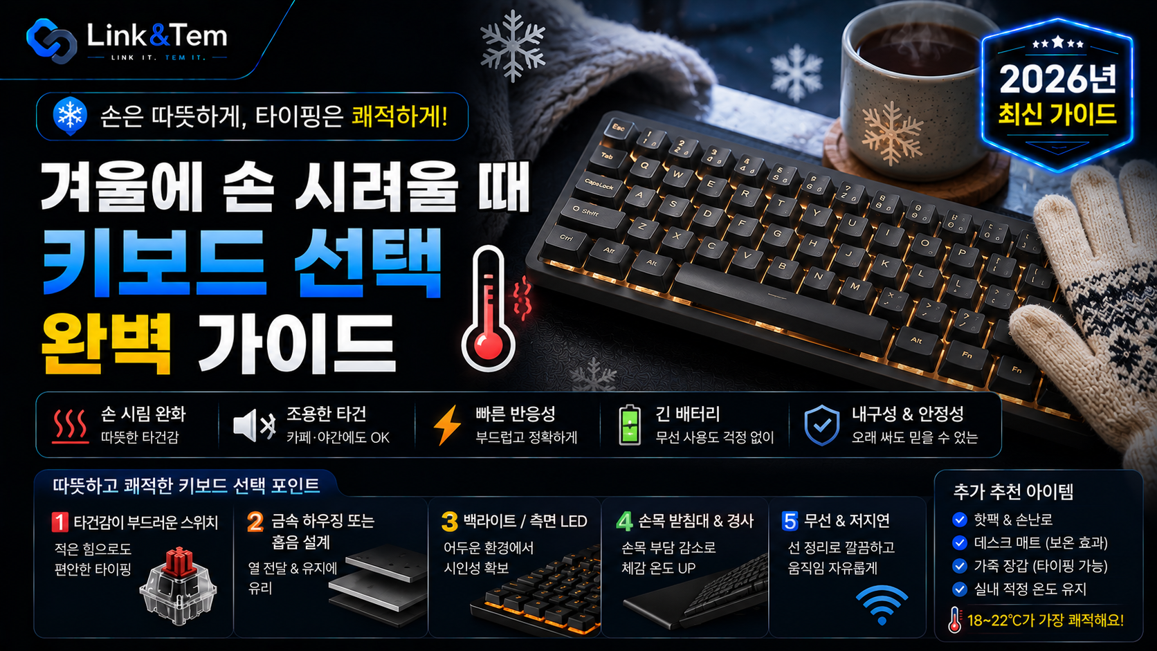 겨울 손시림 키보드와 손목받침, 발열 마우스패드가 놓인 책상 세팅