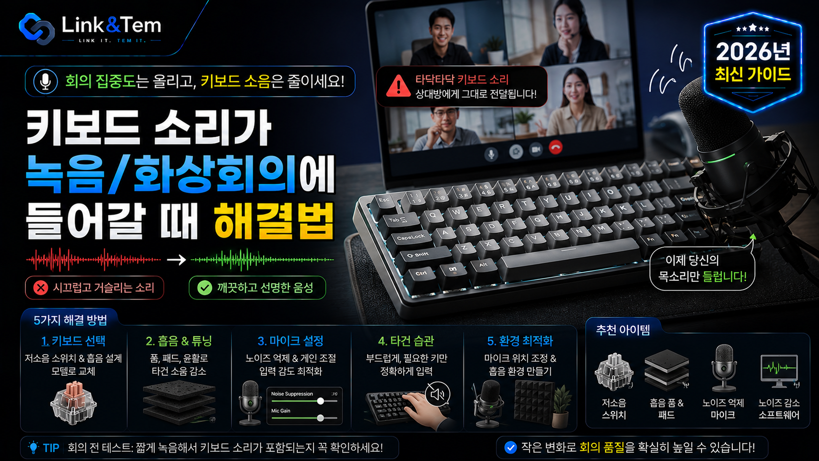 화상회의 중 키보드 타건 소음을 줄이는 방법을 보여주는 이미지, 저소음 스위치와 마이크 배치 예시