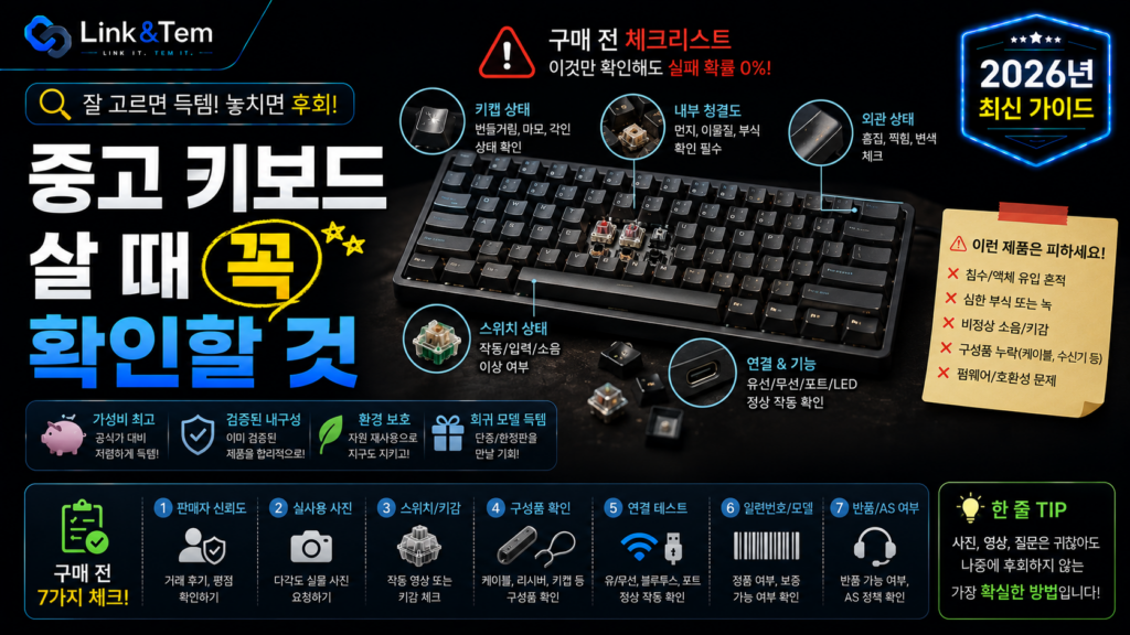 중고 키보드 구매 체크리스트를 확인하며 스위치와 키캡 상태를 점검하는 모습을 보여주는 대표 이미지