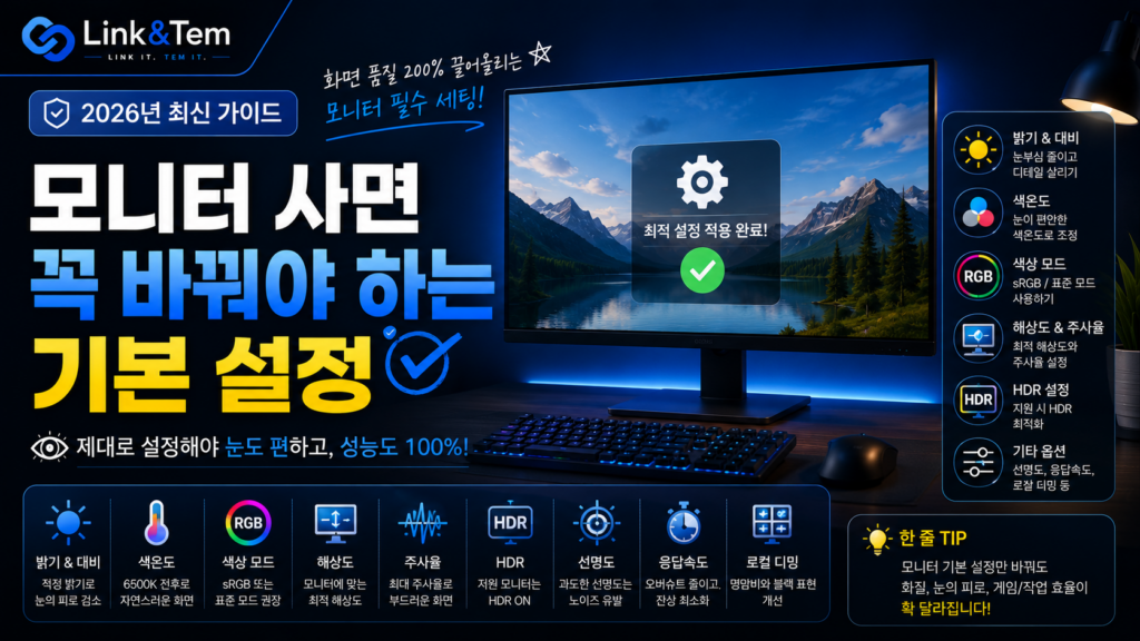 새로 산 모니터 화면 기본 설정 화면, 주사율과 색상 모드 조정 이미지