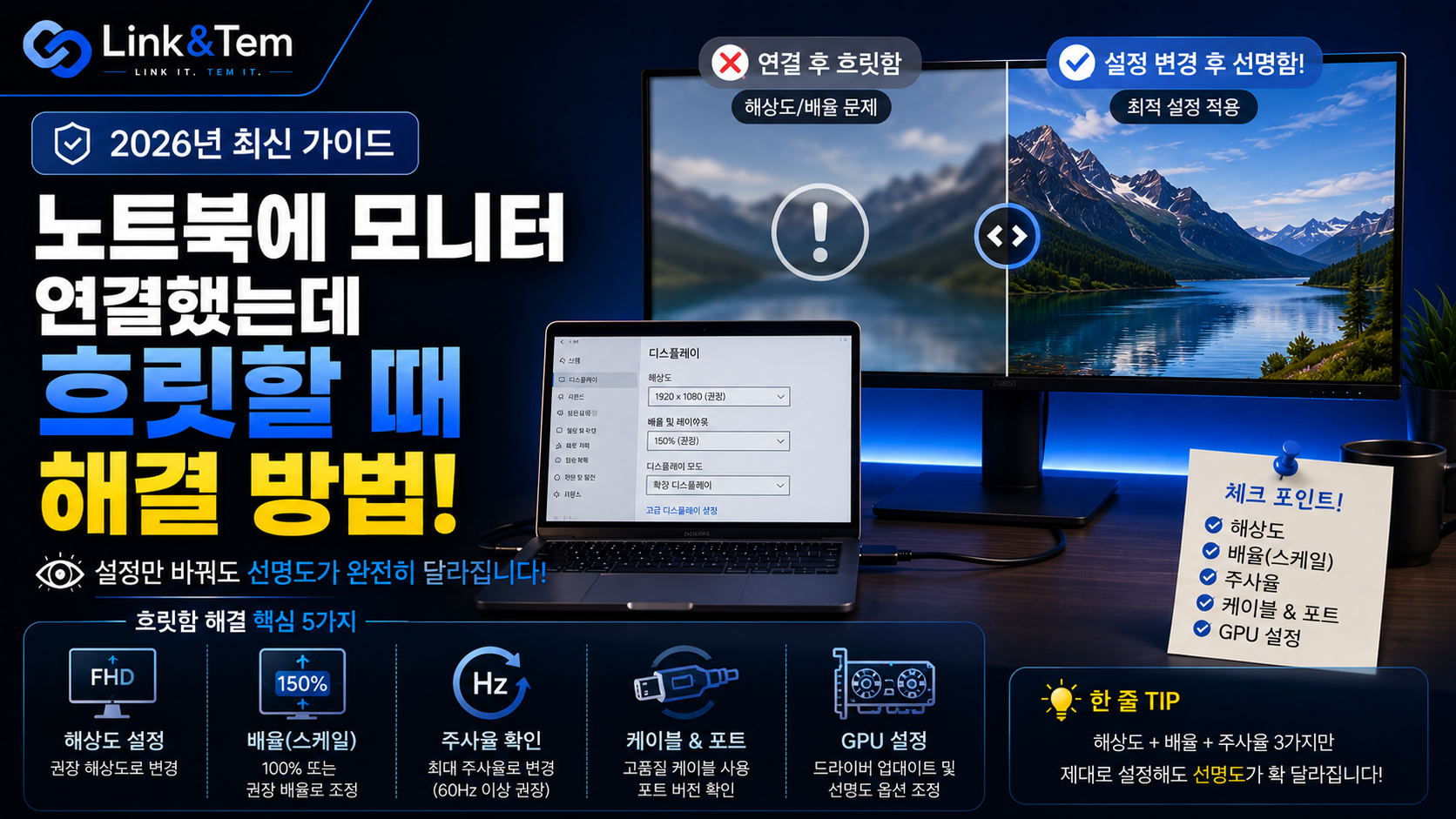 노트북에 모니터를 연결했을 때 화면이 흐릿해 보이는 모니터 연결 화면 흐림 현상을 보여주는 이미지