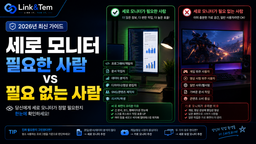 세로 모니터로 세팅된 책상 위 피벗 모니터암 모습