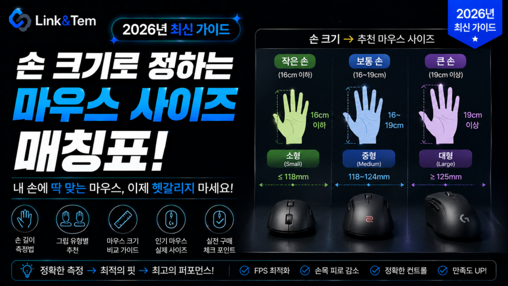 손 크기별 마우스 사이즈 매칭표, 손 길이·그립 스타일에 맞는 마우스 크기를 보여주는 이미지