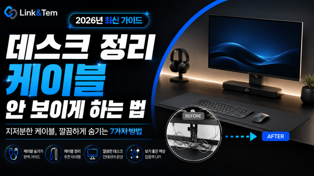 책상 위와 아래 케이블을 깔끔하게 정리한 데스크 셋업, 케이블 정리 방법을 보여주는 모습