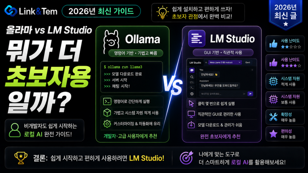 올라마 LM Studio 비교 화면을 보여주는 로컬 AI 데스크톱 앱 스크린샷