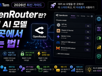 OpenRouter 사용법을 보여주는 API 대시보드와 여러 AI 모델 아이콘 이미지