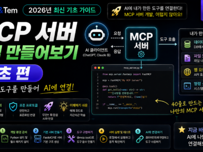 MCP 서버 만들기 과정을 보여주는 파이썬 코드와 Claude Desktop 연결 화면 일러스트