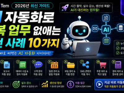 AI 자동화 사례 10가지를 한눈에 보여주는 이메일·회의록·데이터 자동화 워크플로우 대표 이미지