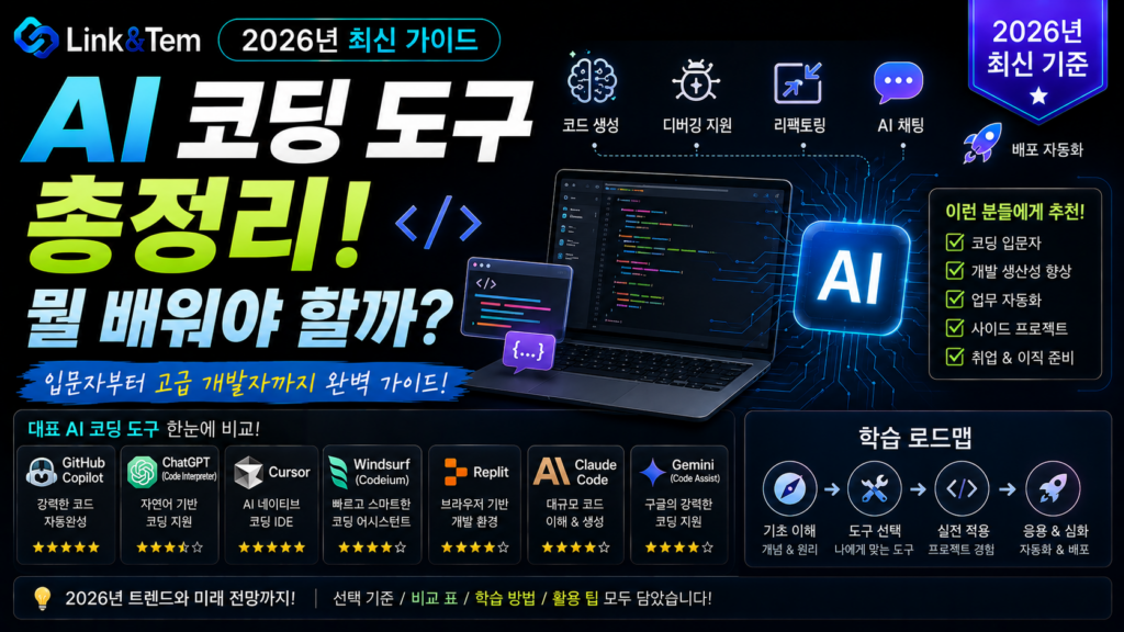 AI 코딩 도구 종류와 2026년 요금제를 비교하는 개발자 데스크 일러스트