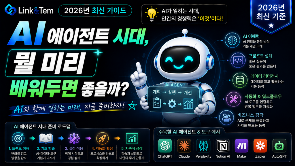 AI 에이전트 시대를 보여주는 블로그 대표 이미지, 프롬프트 엔지니어링과 노코드 자동화 학습 로드맵
