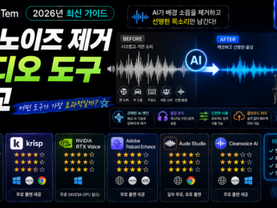 AI 노이즈 제거 오디오 도구로 배경 소음을 제거하는 과정을 보여주는 인포그래픽 이미지