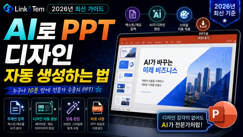 AI PPT 디자인 자동 생성으로 슬라이드를 만드는 과정을 보여주는 인포그래픽 이미지