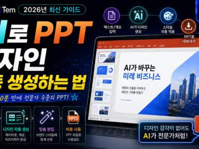 AI PPT 디자인 자동 생성으로 슬라이드를 만드는 과정을 보여주는 인포그래픽 이미지