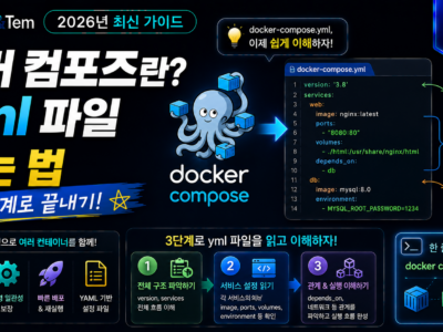 도커 컴포즈란 무엇인지 보여주는 yml 파일 구조 예시 화면