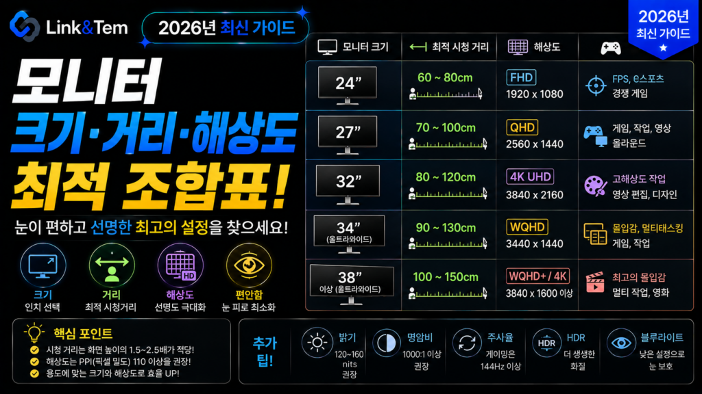 24인치 27인치 32인치 모니터 크기 해상도 조합 비교표