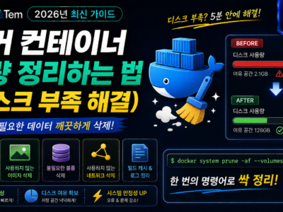 도커 디스크 정리 과정, 컨테이너와 이미지 용량을 확인하고 비우는 모습을 보여주는 이미지