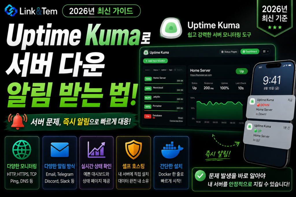 Uptime Kuma 서버 모니터링과 홈서버 다운 알림 설정 화면