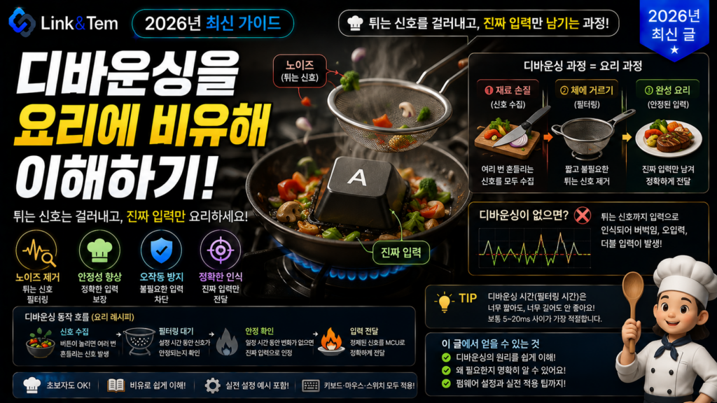 키보드 디바운싱 원리를 요리사의 판단 시간에 비유한 개념 일러스트