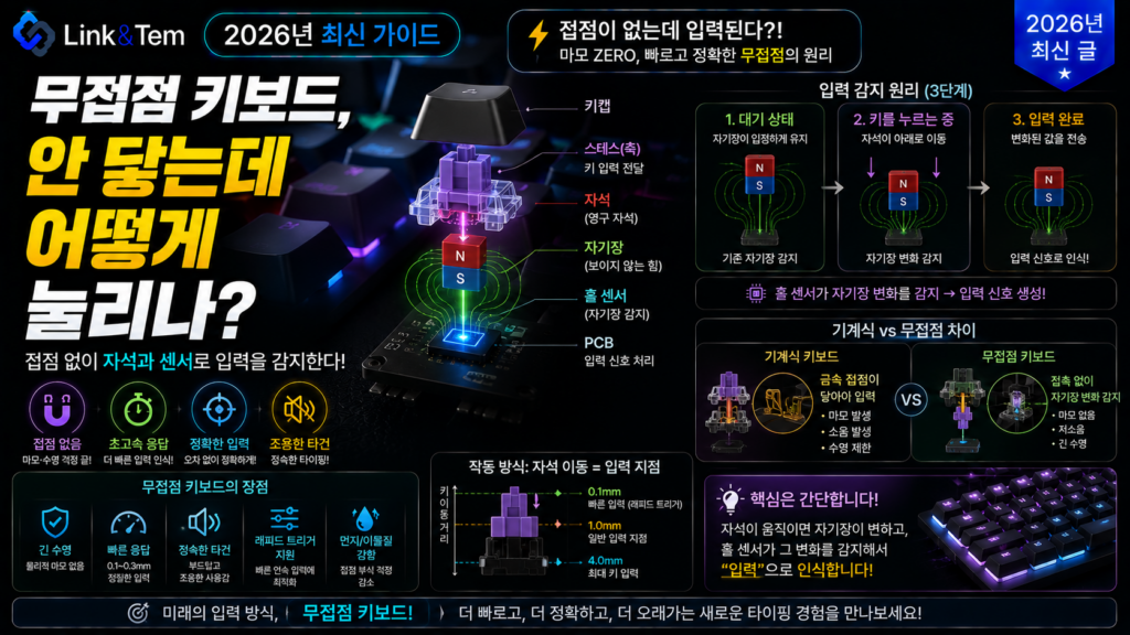 무접점 키보드 원리를 보여주는 정전용량 스위치 내부 구조 단면 이미지