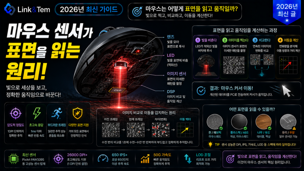 마우스 센서 원리를 보여주는 LED 조명과 CMOS 센서 구조 일러스트
