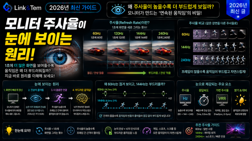 모니터 주사율이 눈에 보이는 원리를 보여주는 Hz 비교 이미지