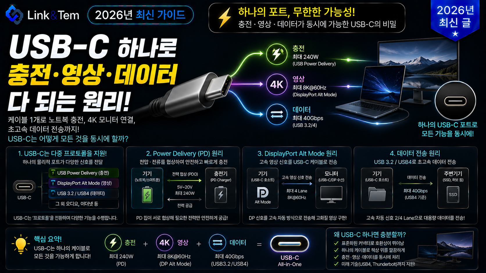 USB-C 하나로 다 되는 원리를 보여주는 충전·영상·데이터 케이블 구조 다이어그램