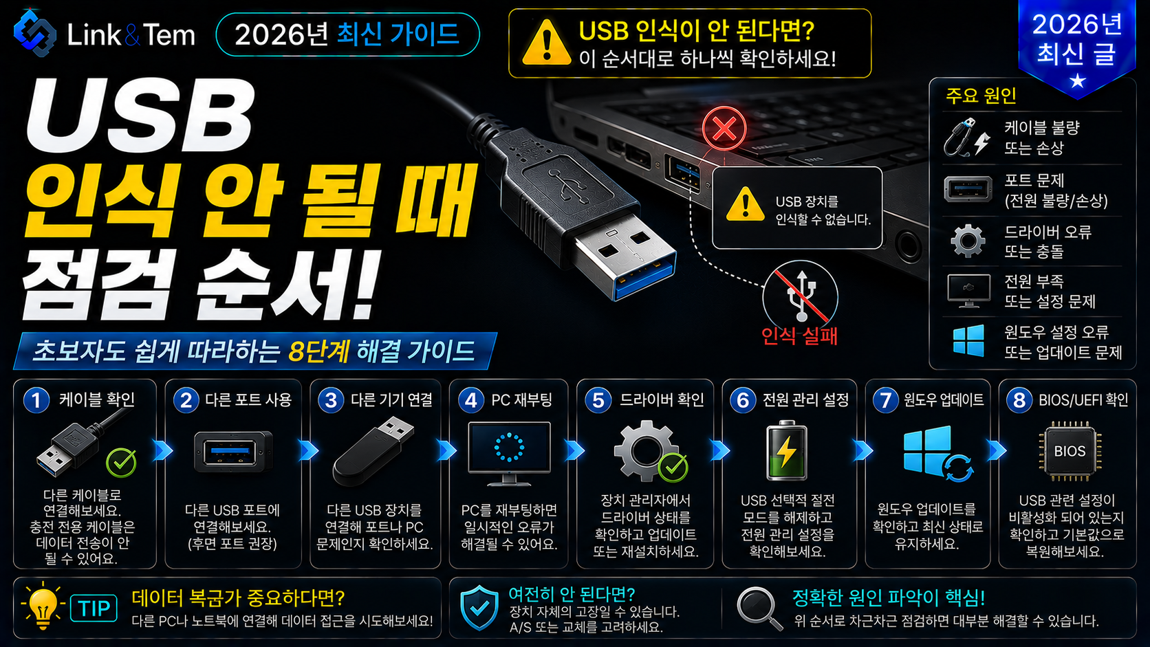 USB 인식 안될 때 장치관리자에서 코드 43 오류를 확인하는 모습