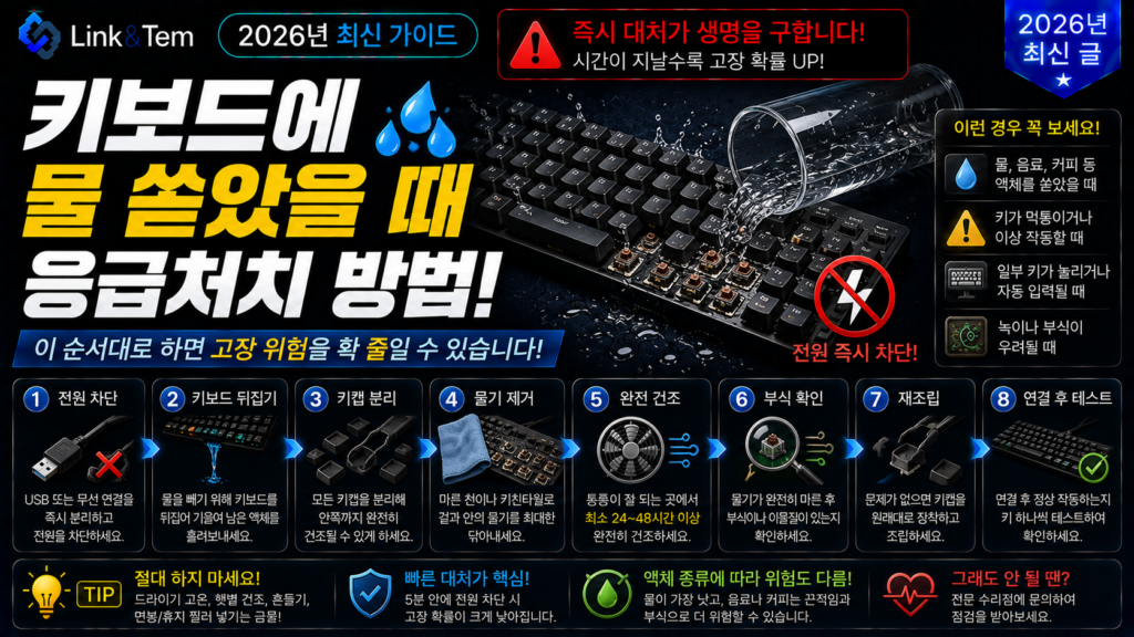 키보드에 물 쏟았을 때 응급처치 방법을 보여주는 대표 이미지