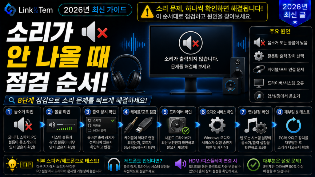 컴퓨터 소리 안 나올 때 점검하는 노트북 스피커와 사운드 설정 화면