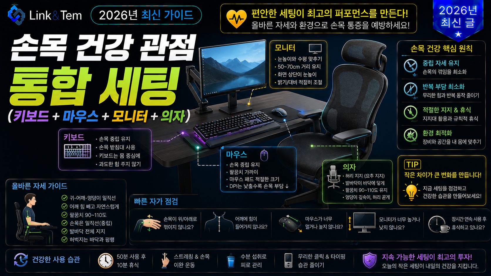 손목 건강 책상 세팅 키보드 마우스 모니터 의자 통합 가이드