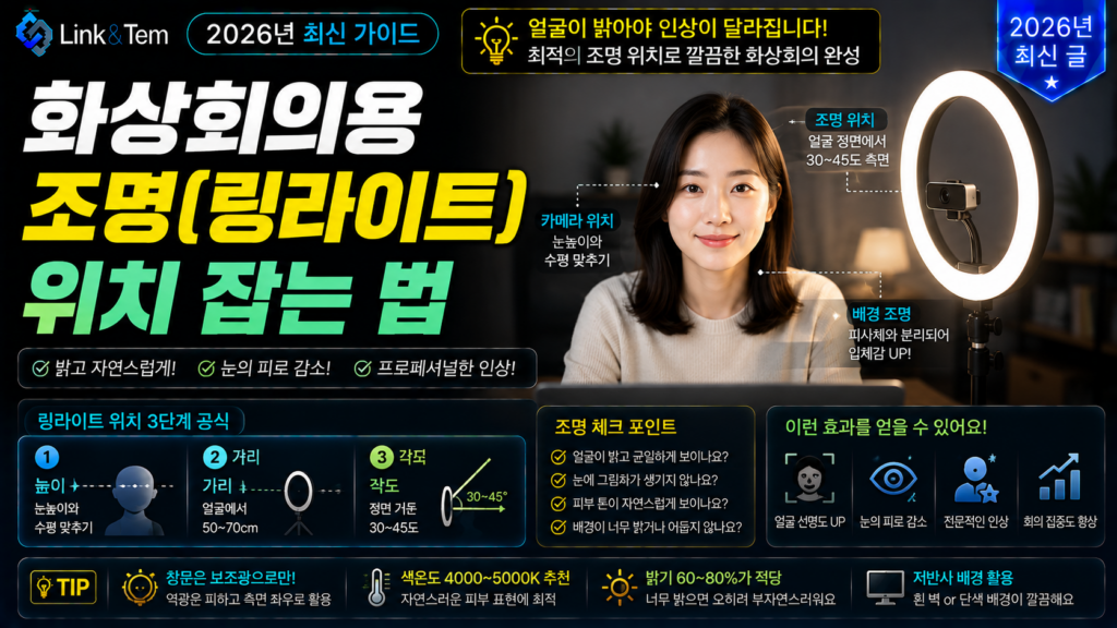 화상회의 링라이트 위치를 45도 각도로 조정하는 모습