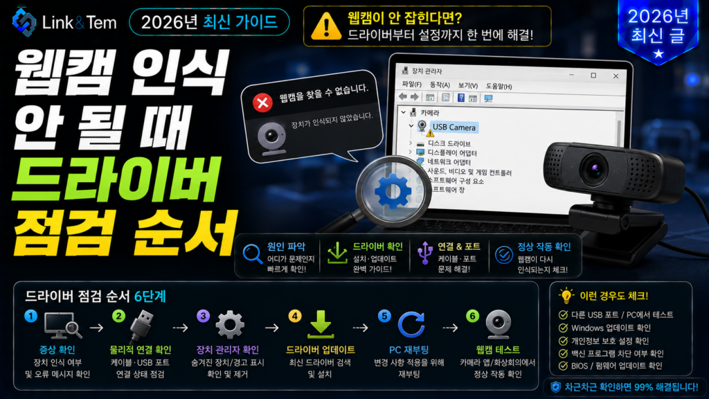 웹캠 인식 안될 때 장치관리자에서 드라이버 상태를 확인하는 화면