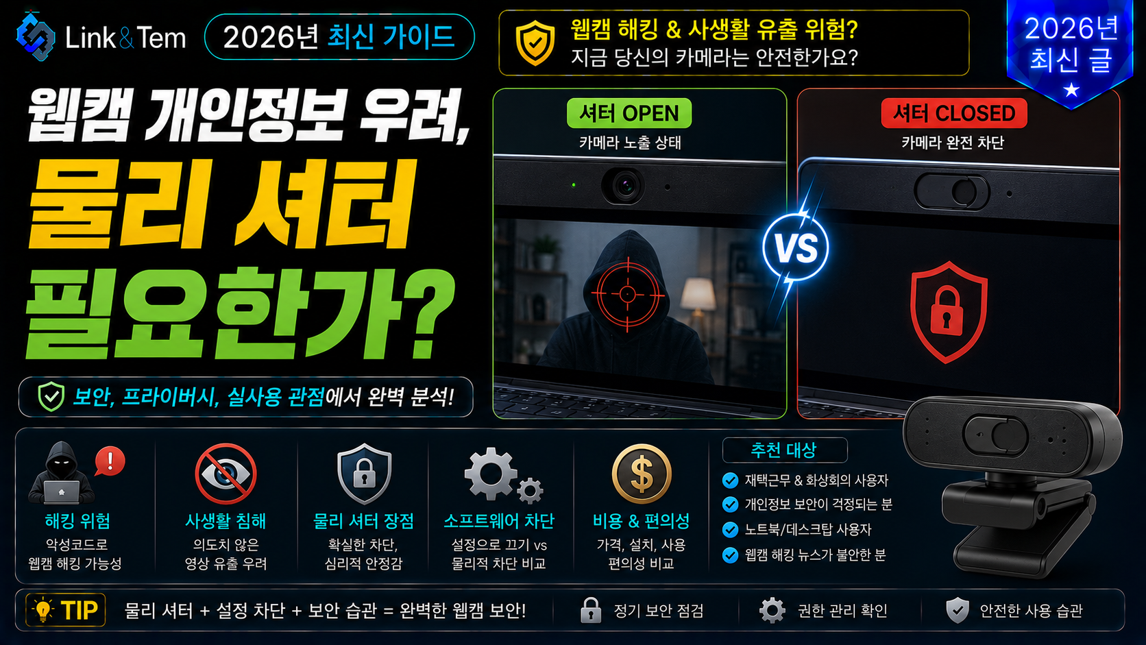 웹캠 물리 셔터로 렌즈를 가린 노트북 카메라 모습