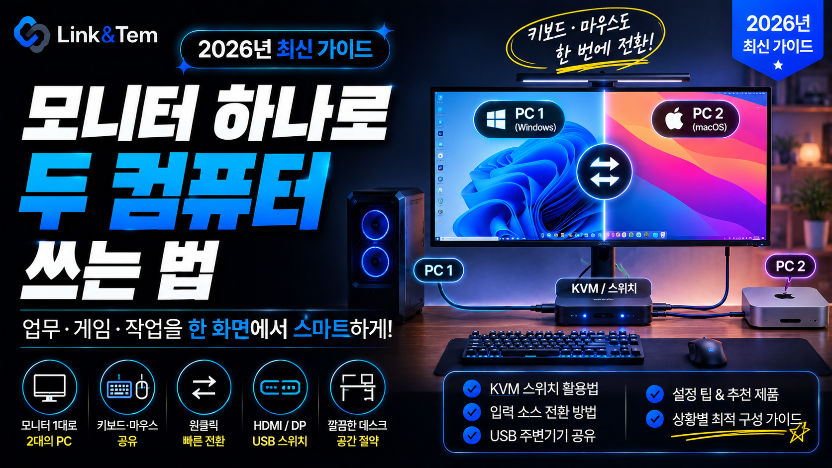 모니터 하나로 두 컴퓨터 쓰는 법을 보여주는 KVM 스위치 연결 예시 이미지