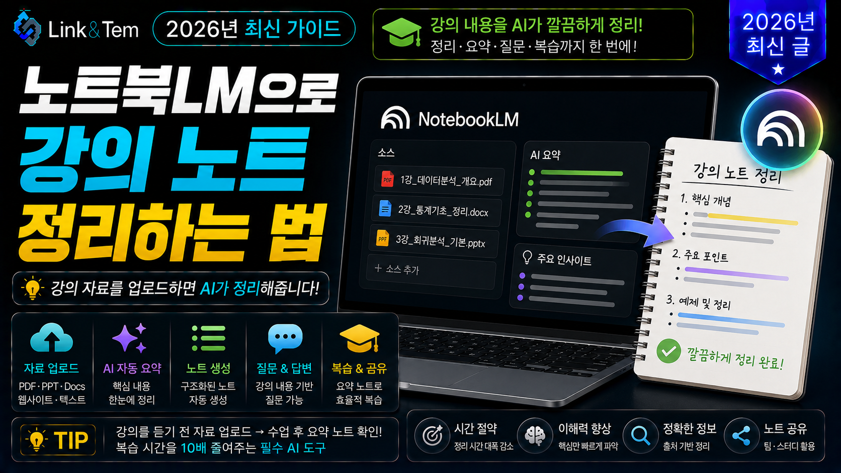 노트북LM 강의 노트 정리 화면과 녹음·PPT 소스 업로드 예시