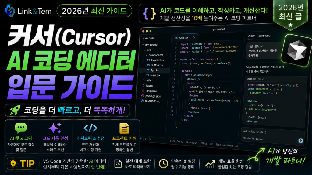 커서 AI 코딩 에디터 화면과 Agent 모드 실행 예시