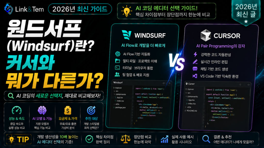 윈드서프 커서 차이를 보여주는 AI 코딩 에디터 캐스케이드와 커서 화면 비교 이미지