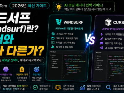 윈드서프 커서 차이를 보여주는 AI 코딩 에디터 캐스케이드와 커서 화면 비교 이미지