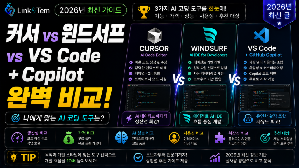 AI 코딩 에디터 비교 - 커서, 윈드서프, VS Code Copilot 로고를 나란히 비교하는 이미지