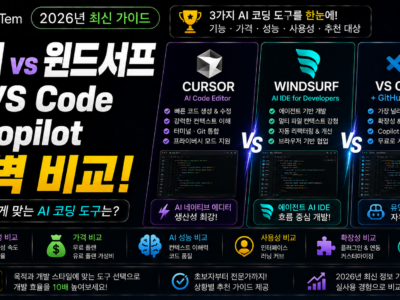 AI 코딩 에디터 비교 - 커서, 윈드서프, VS Code Copilot 로고를 나란히 비교하는 이미지