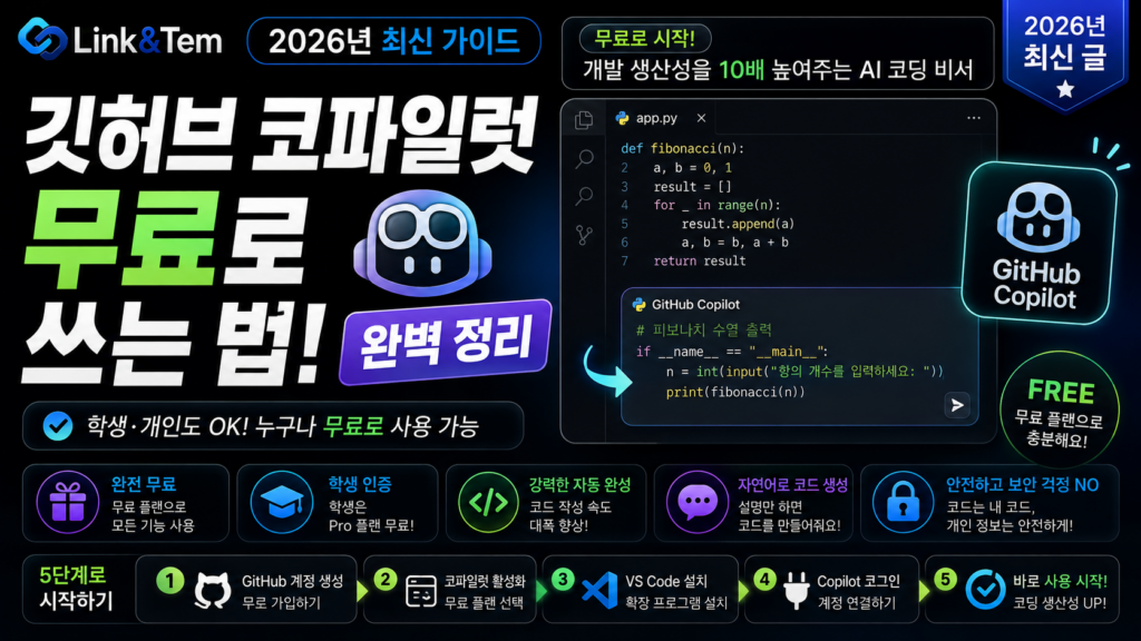 깃허브 코파일럿 무료 플랜 설정 화면과 VS Code 연동 예시