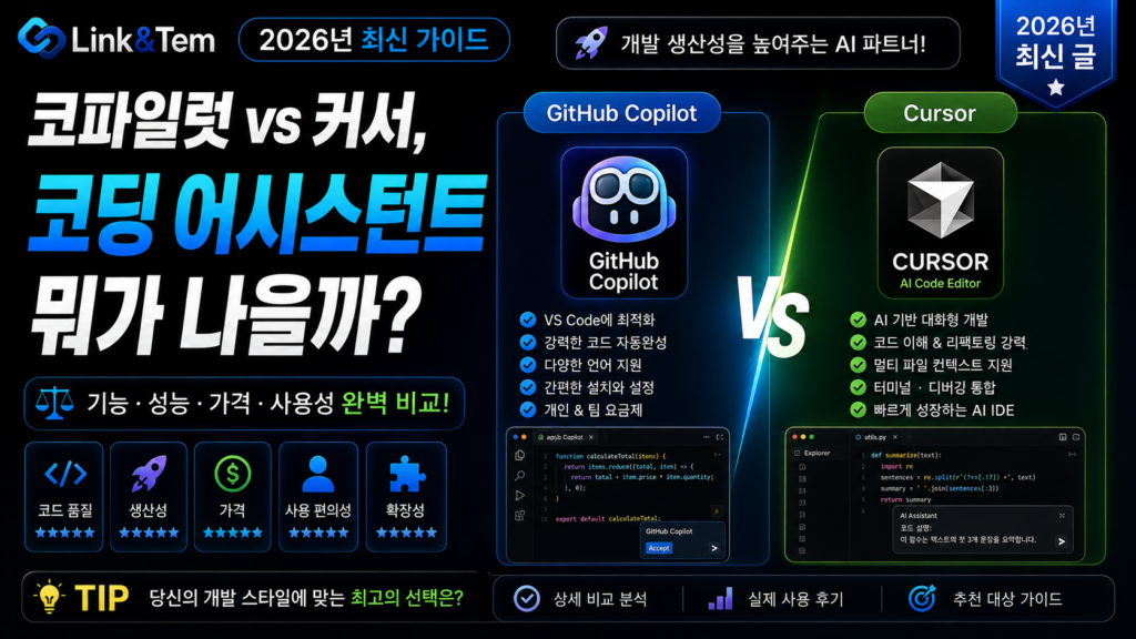 코파일럿 커서 비교를 보여주는 깃허브 코파일럿과 커서 에디터 로고 나란히 배치 이미지