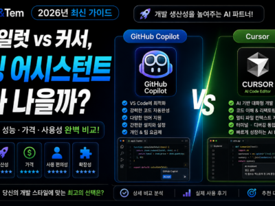 코파일럿 커서 비교를 보여주는 깃허브 코파일럿과 커서 에디터 로고 나란히 배치 이미지