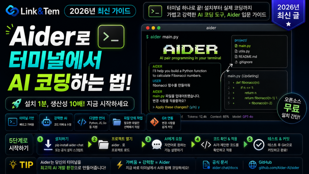 Aider 사용법을 보여주는 터미널 AI 코딩 화면 일러스트