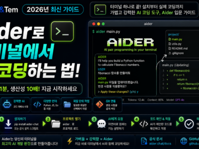 Aider 사용법을 보여주는 터미널 AI 코딩 화면 일러스트
